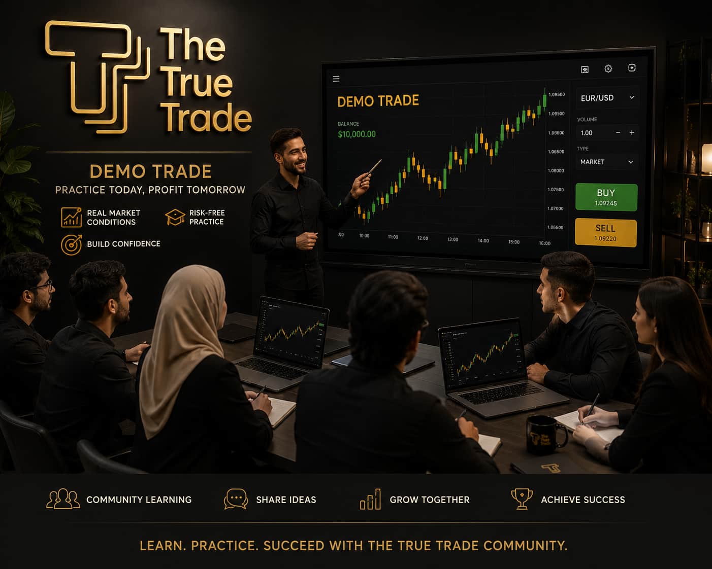  The True Trade luxury gold logo on a black background representing professional trading and financial success.  