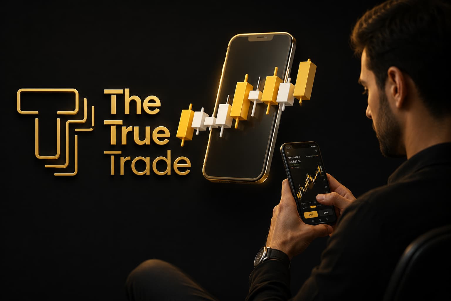  The True Trade trader using a smartphone with candlestick charts and professional mobile trading tools. 