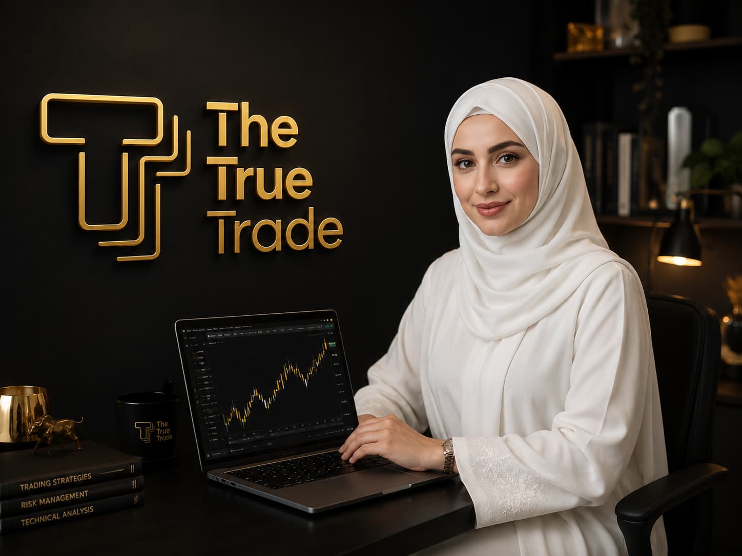   Professional female trader using a laptop with market charts beside The True Trade logo. 
